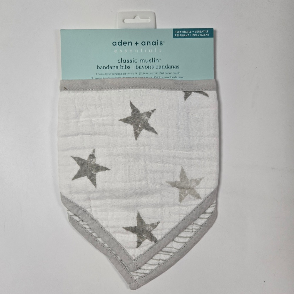 aden + anais Bandana Bibs Kids OS White Gray Star Stripe Muslin 2-Pack NEW